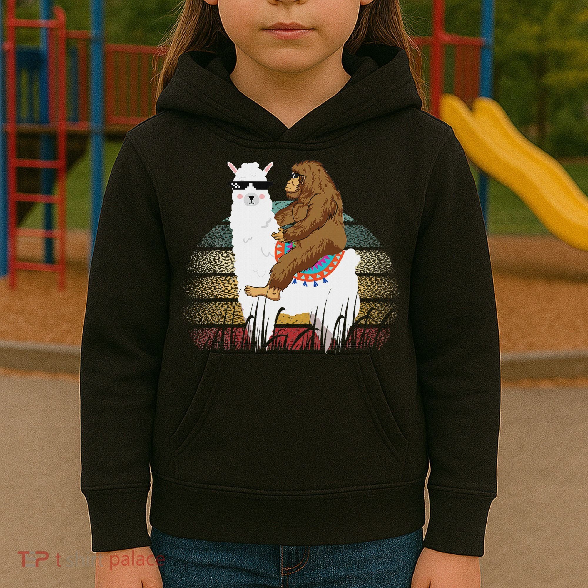 Bigfoot Riding Llama Sasquatch Retro Kids Hoodie