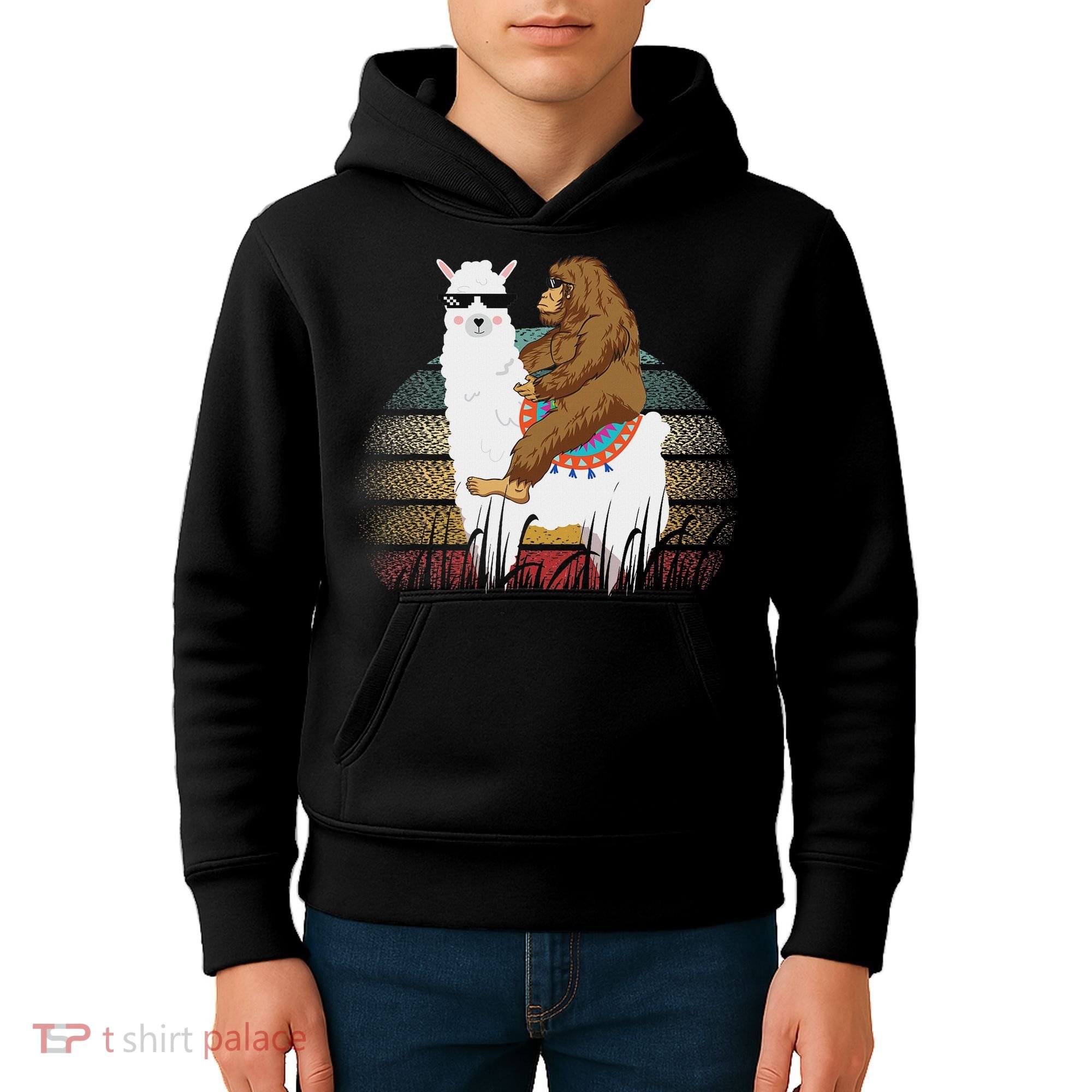Bigfoot Riding Llama Sasquatch Retro Kids Hoodie