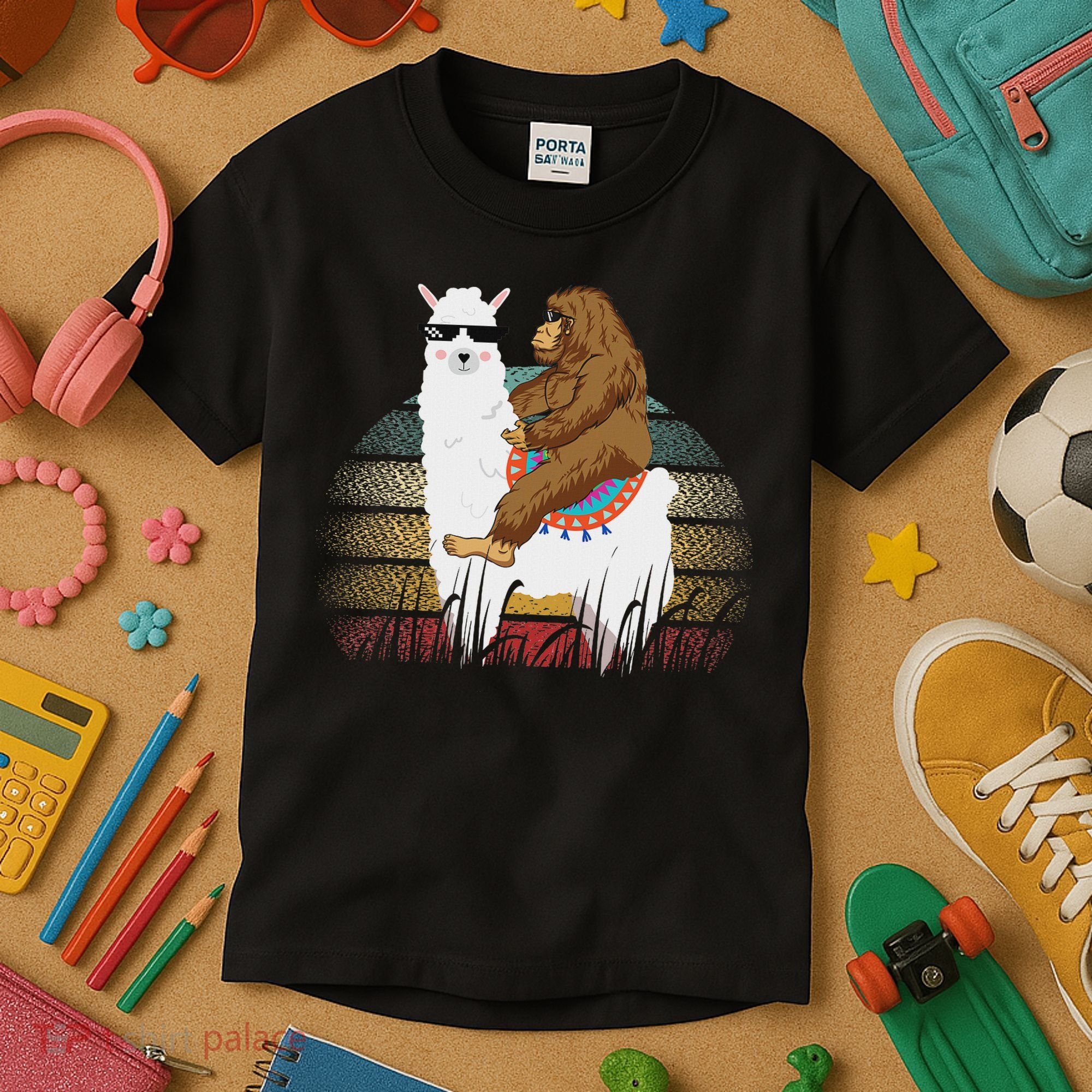 Bigfoot Riding Llama Sasquatch Retro Kids T-Shirt