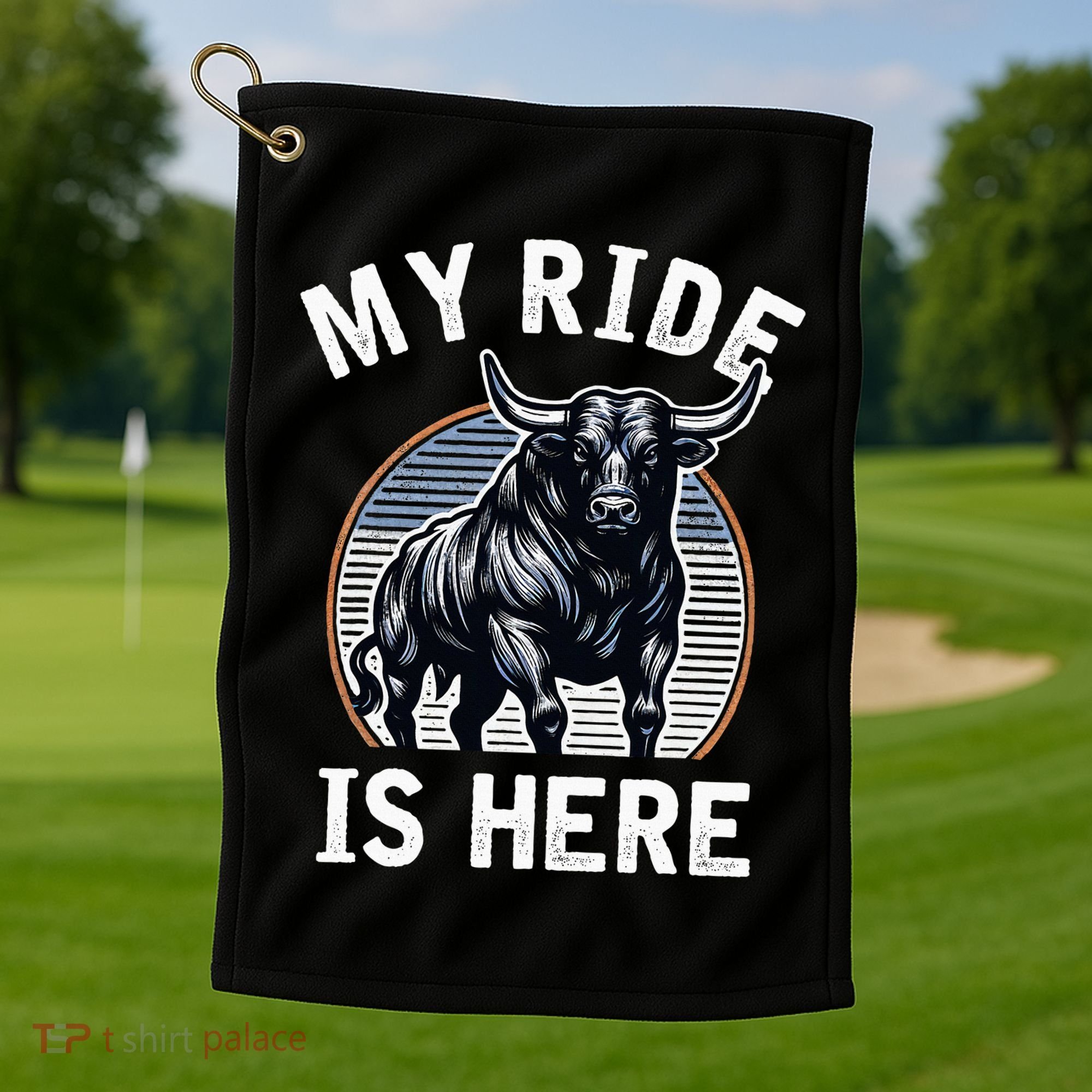 Bull Riding My Ride Is Here Western Cowboy Ranch Rodeo Golf Towel
