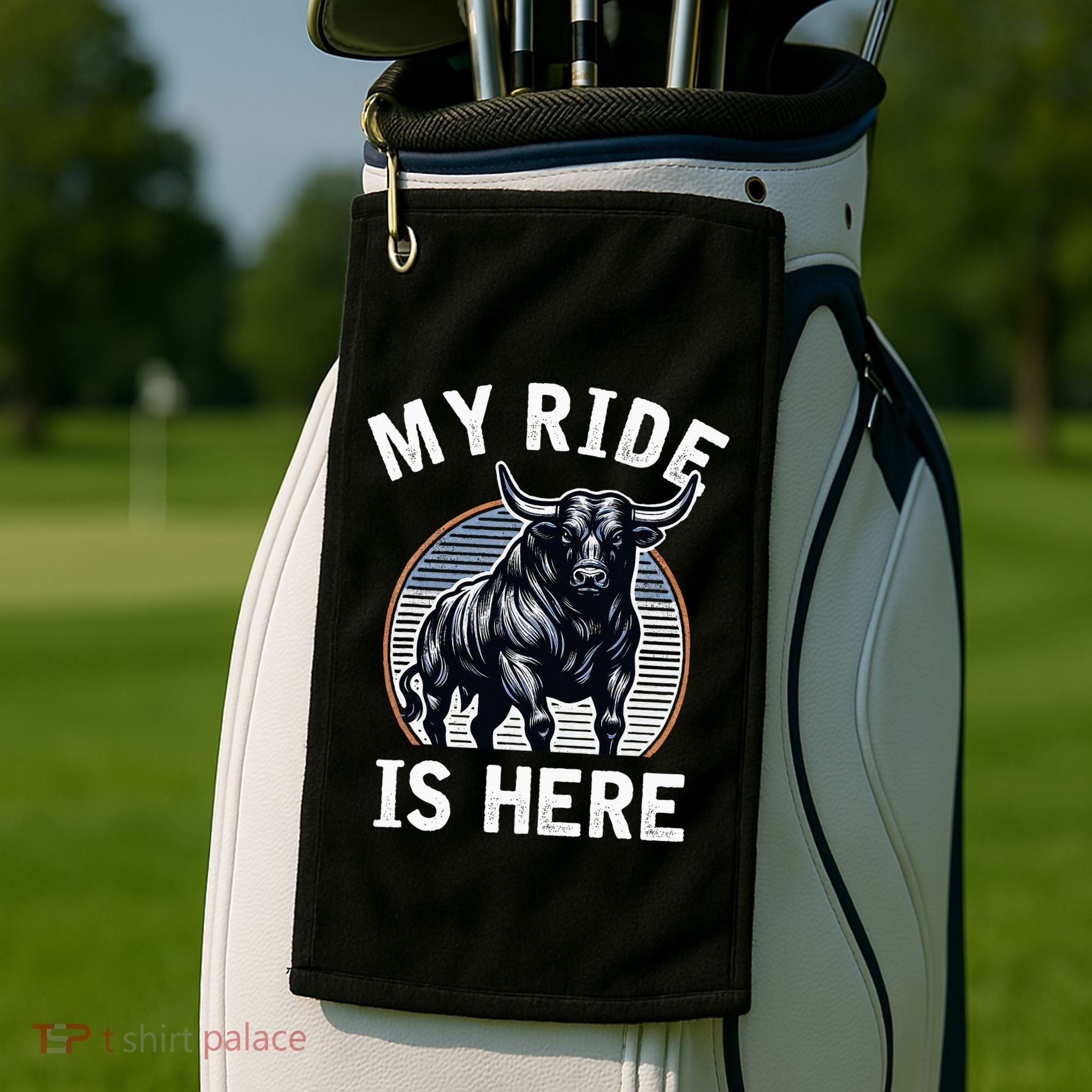 Bull Riding My Ride Is Here Western Cowboy Ranch Rodeo Golf Towel