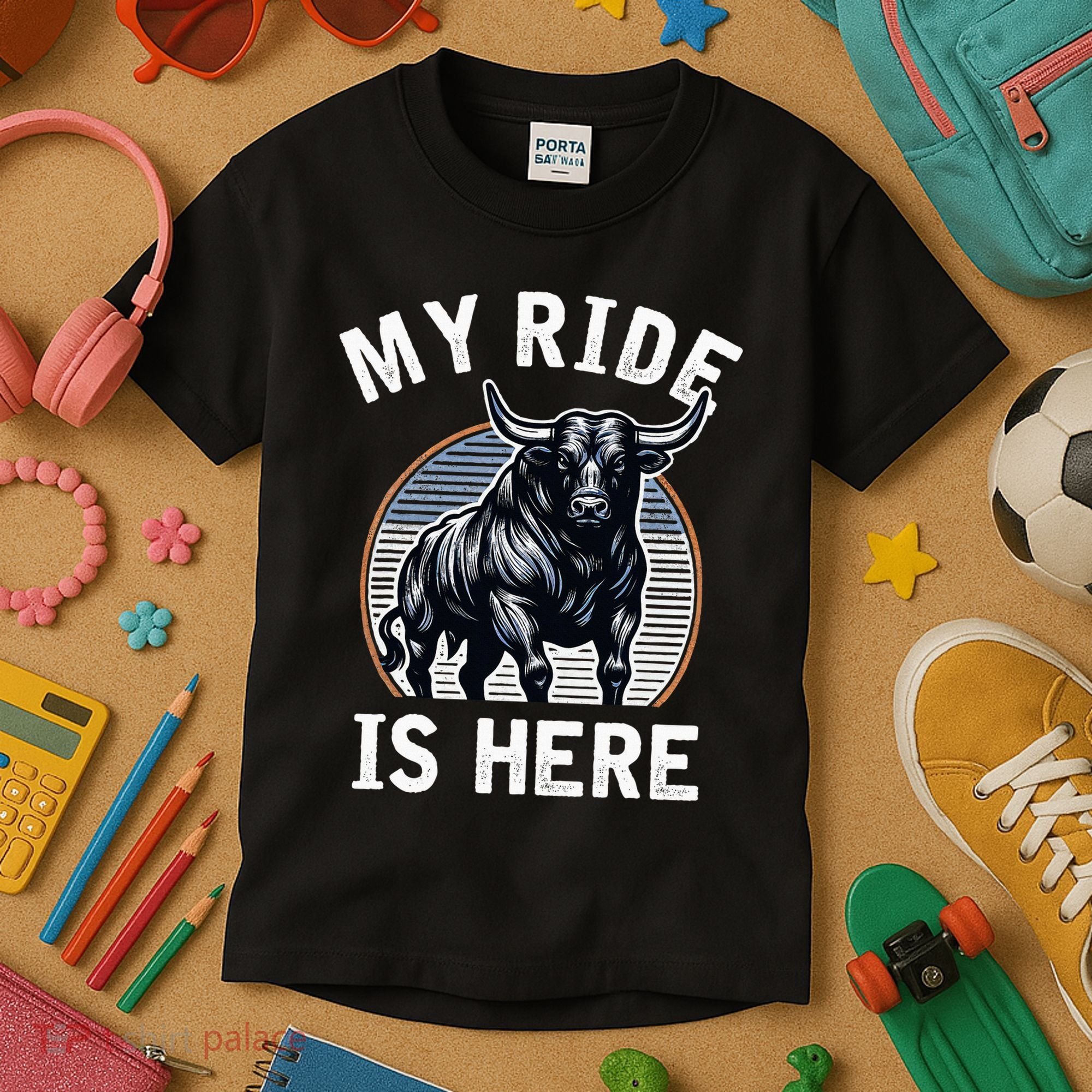 Bull Riding My Ride Is Here Western Cowboy Ranch Rodeo Kids T-Shirt
