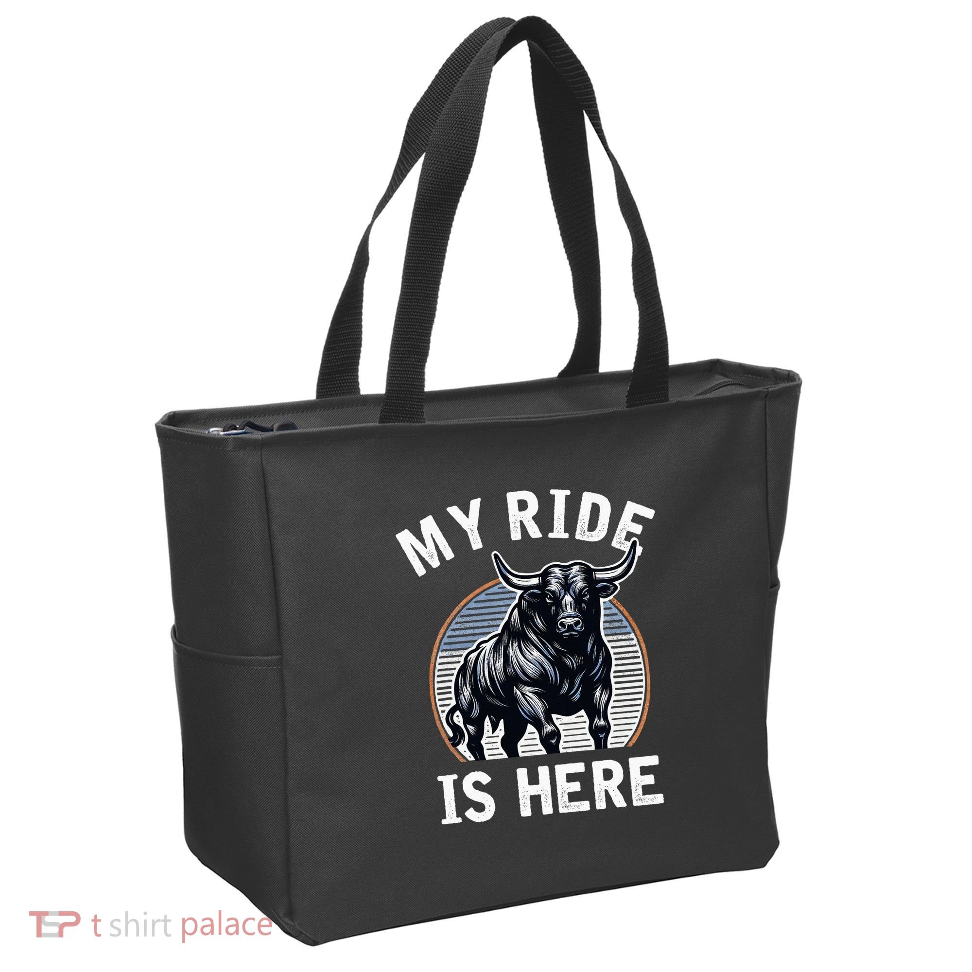 Bull Riding My Ride Is Here Western Cowboy Ranch Rodeo Tote Bag