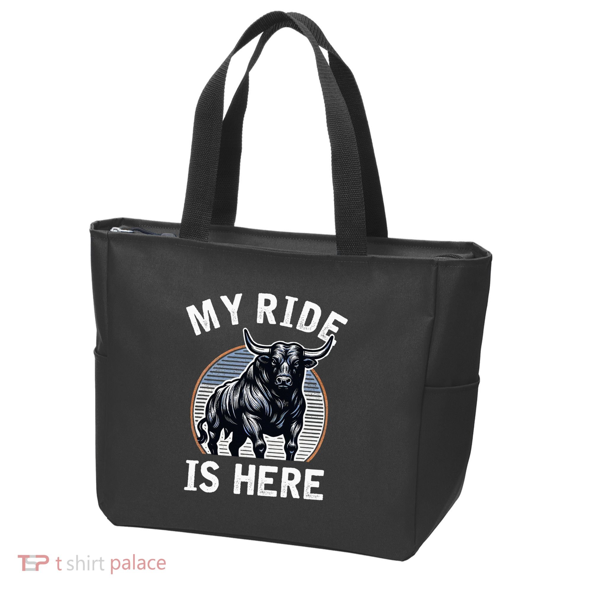 Bull Riding My Ride Is Here Western Cowboy Ranch Rodeo Tote Bag