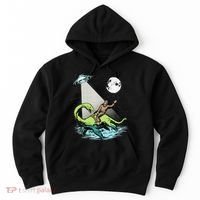 Bigfoot Riding Nessie & UFO Aliens At Night Funny Retro Hoodie thumb 0