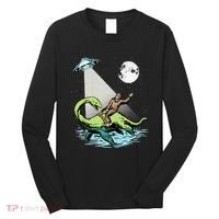 Bigfoot Riding Nessie & UFO Aliens At Night Funny Retro Long Sleeve Shirt thumb 0