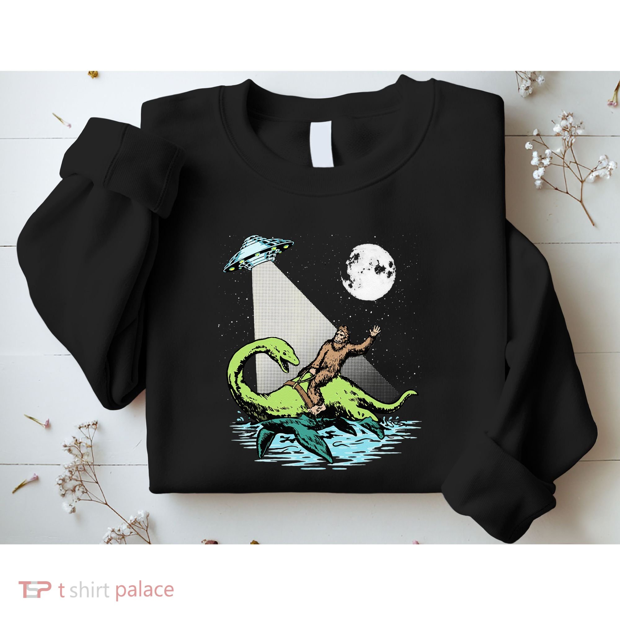 Bigfoot Riding Nessie & UFO Aliens At Night Funny Retro Sweatshirt