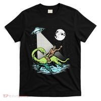 Bigfoot Riding Nessie & UFO Aliens At Night Funny Retro T-Shirt thumb 0