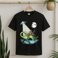 Bigfoot Riding Nessie & UFO Aliens At Night Funny Retro T-Shirt thumb 2