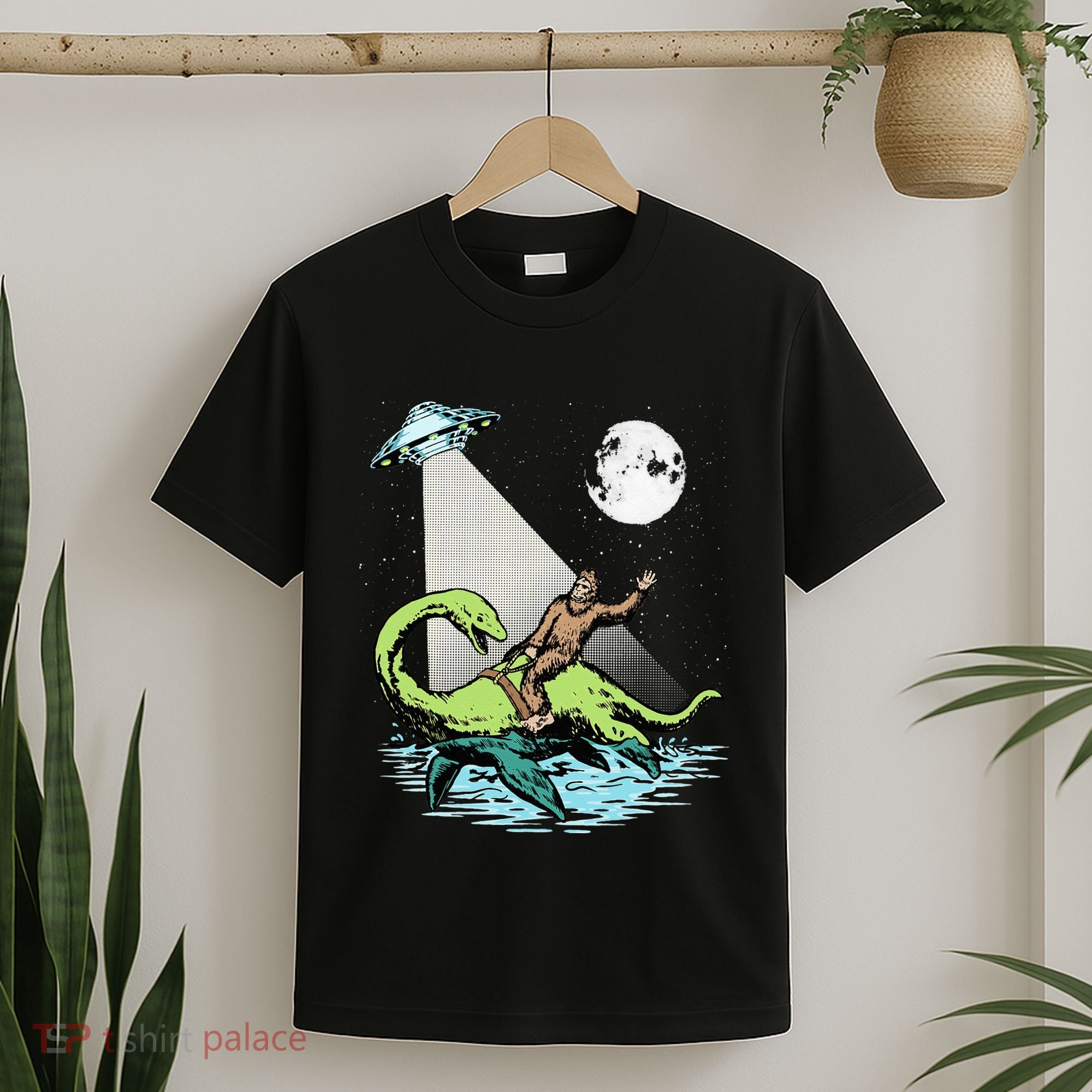 Bigfoot Riding Nessie & UFO Aliens At Night Funny Retro T-Shirt