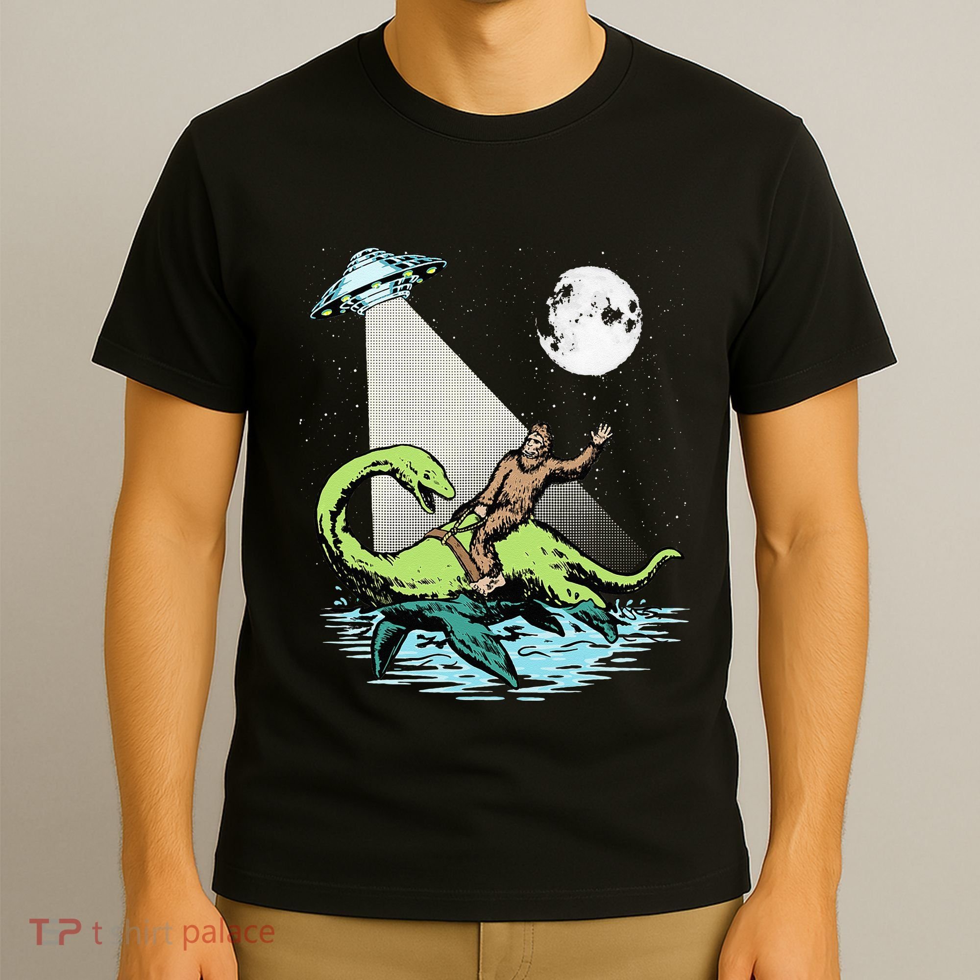 Bigfoot Riding Nessie & UFO Aliens At Night Funny Retro T-Shirt