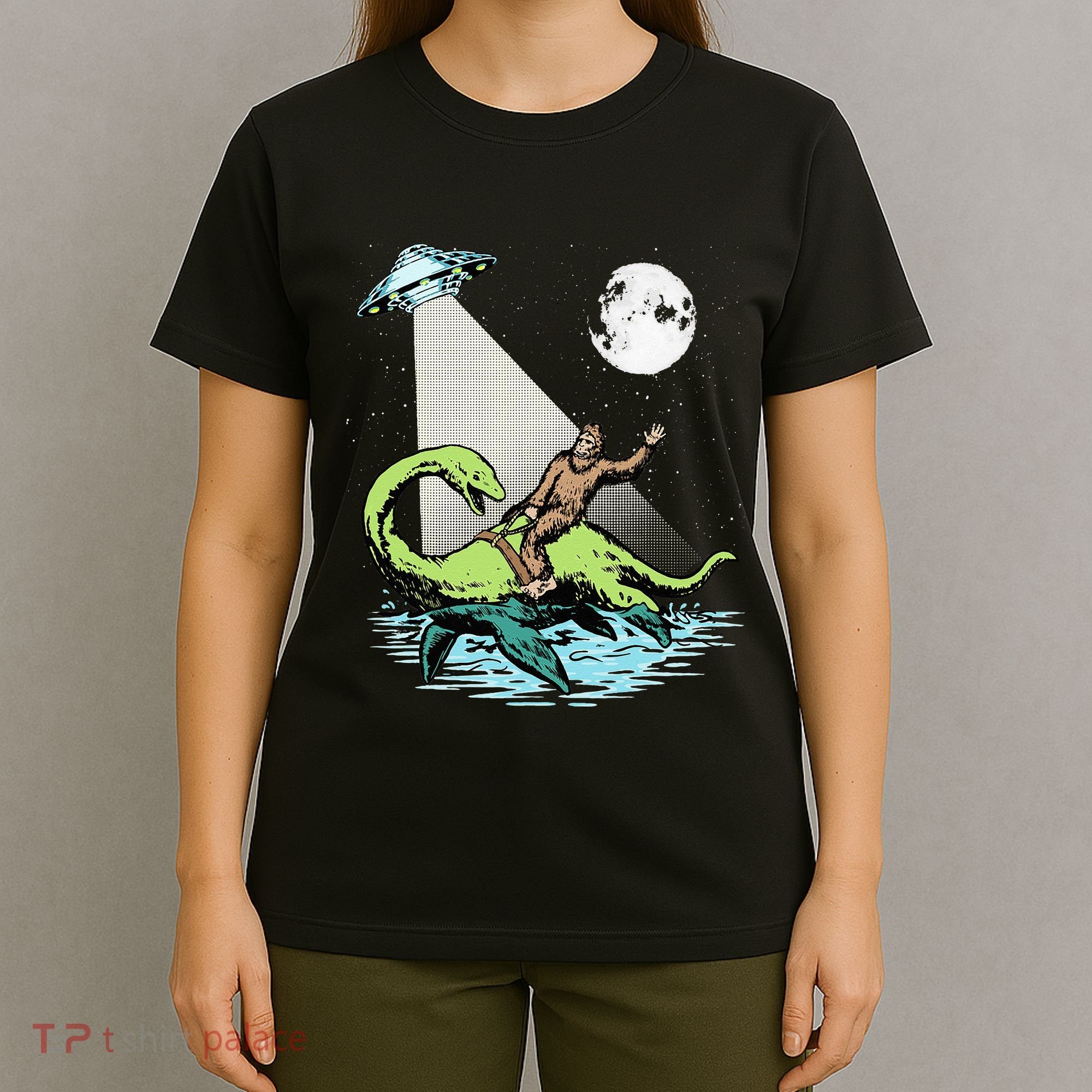 Bigfoot Riding Nessie & UFO Aliens At Night Funny Retro T-Shirt