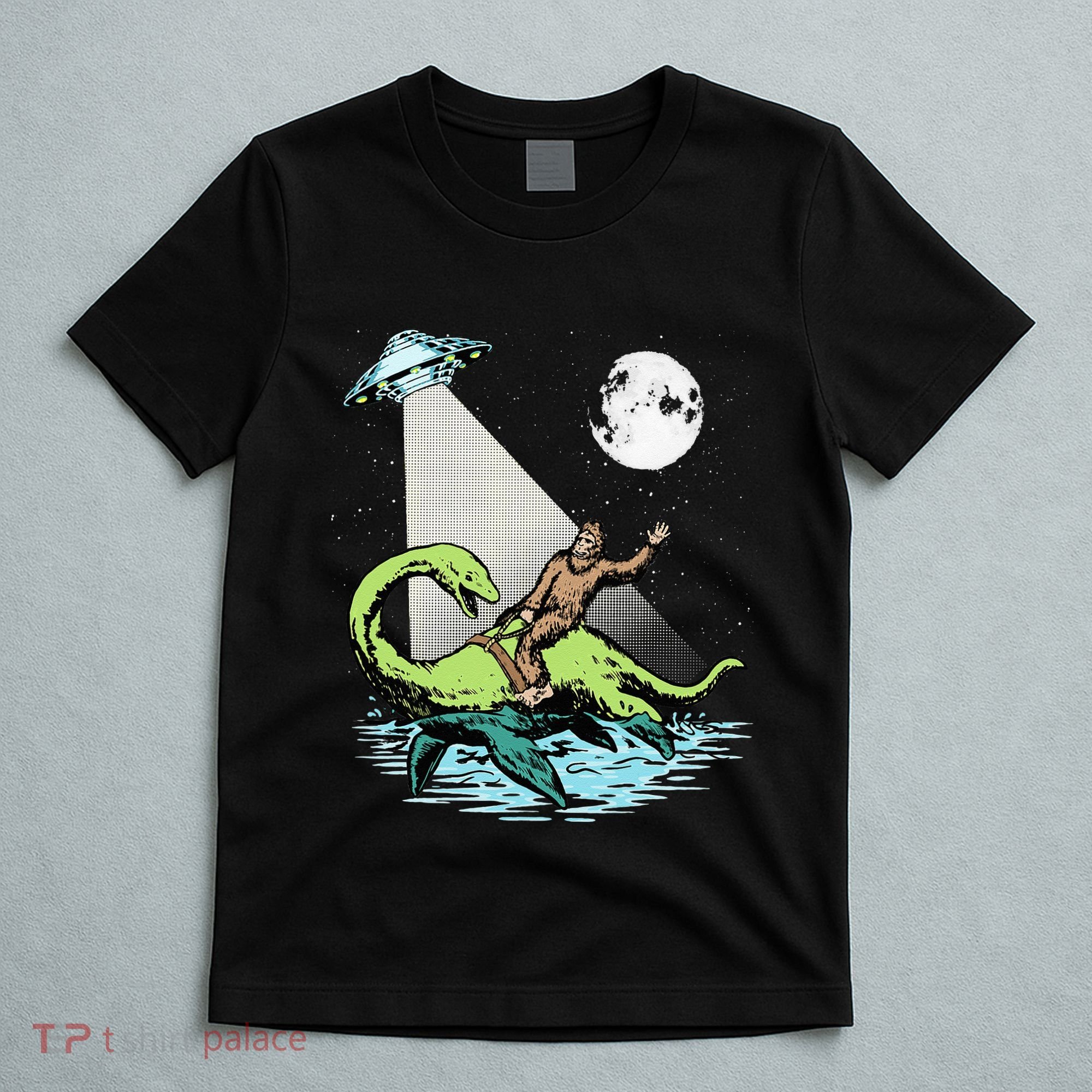 Bigfoot Riding Nessie & UFO Aliens At Night Funny Retro T-Shirt