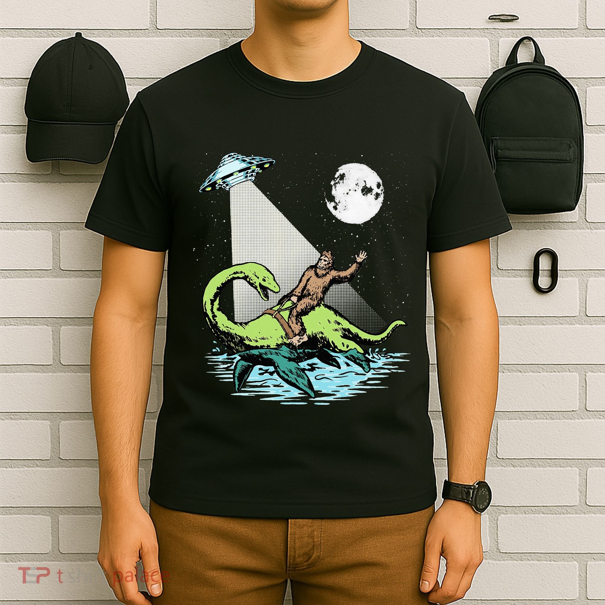 Bigfoot Riding Nessie & UFO Aliens At Night Funny Retro T-Shirt