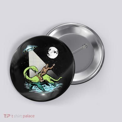 Bigfoot Riding Nessie & UFO Aliens At Night Funny Retro Button