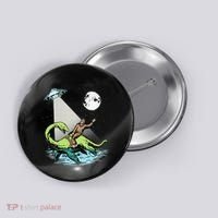 Bigfoot Riding Nessie & UFO Aliens At Night Funny Retro Button thumb 0