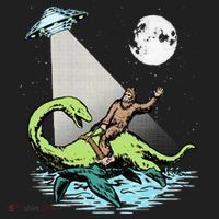 Bigfoot Riding Nessie & UFO Aliens At Night Funny Retro Beanie thumb 2