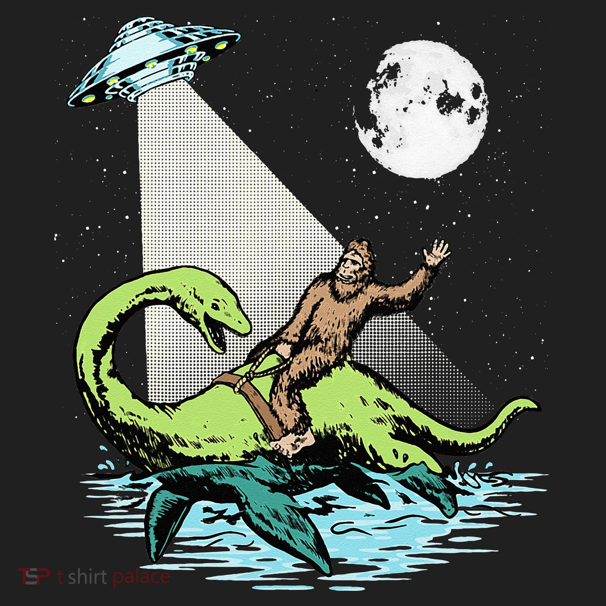 Bigfoot Riding Nessie & UFO Aliens At Night Funny Retro Beanie