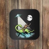 Bigfoot Riding Nessie & UFO Aliens At Night Funny Retro Coaster thumb 0