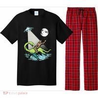 Bigfoot Riding Nessie & UFO Aliens At Night Funny Retro Pajama Set thumb 0