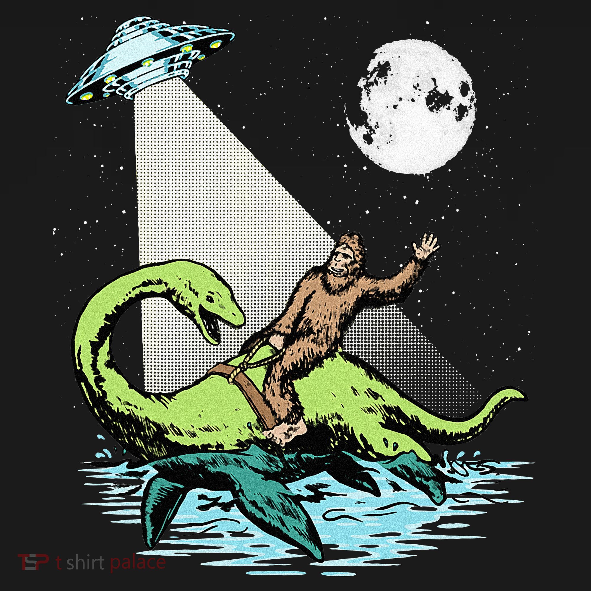 Bigfoot Riding Nessie & UFO Aliens At Night Funny Retro Women's Hoodie