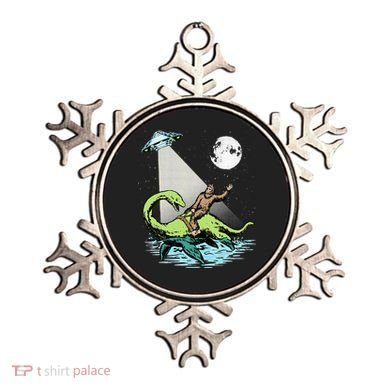 Bigfoot Riding Nessie & UFO Aliens At Night Funny Retro Ornament