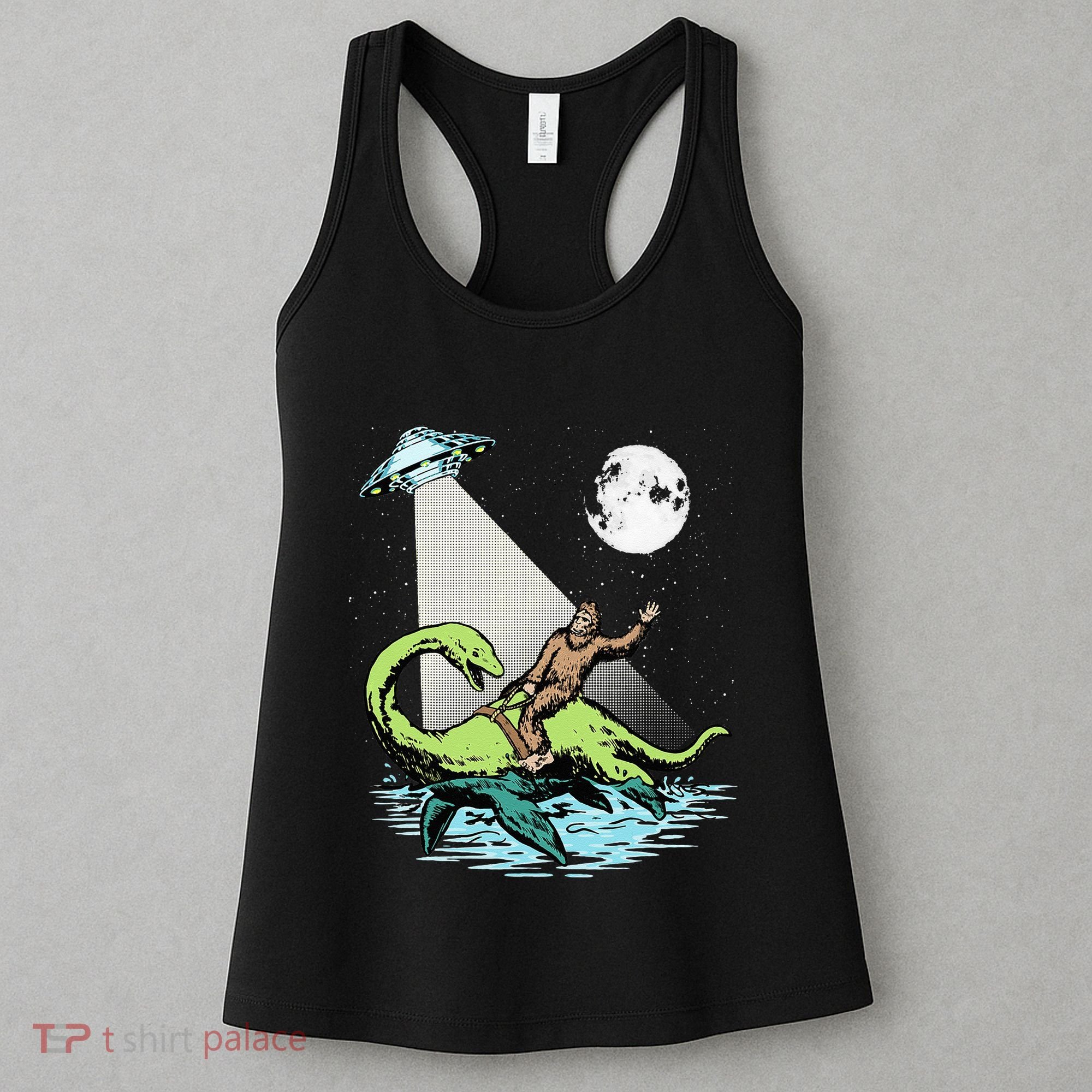 Bigfoot Riding Nessie & UFO Aliens At Night Funny Retro Women's Tank Top