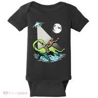 Bigfoot Riding Nessie & UFO Aliens At Night Funny Retro Baby Bodysuit thumb 0