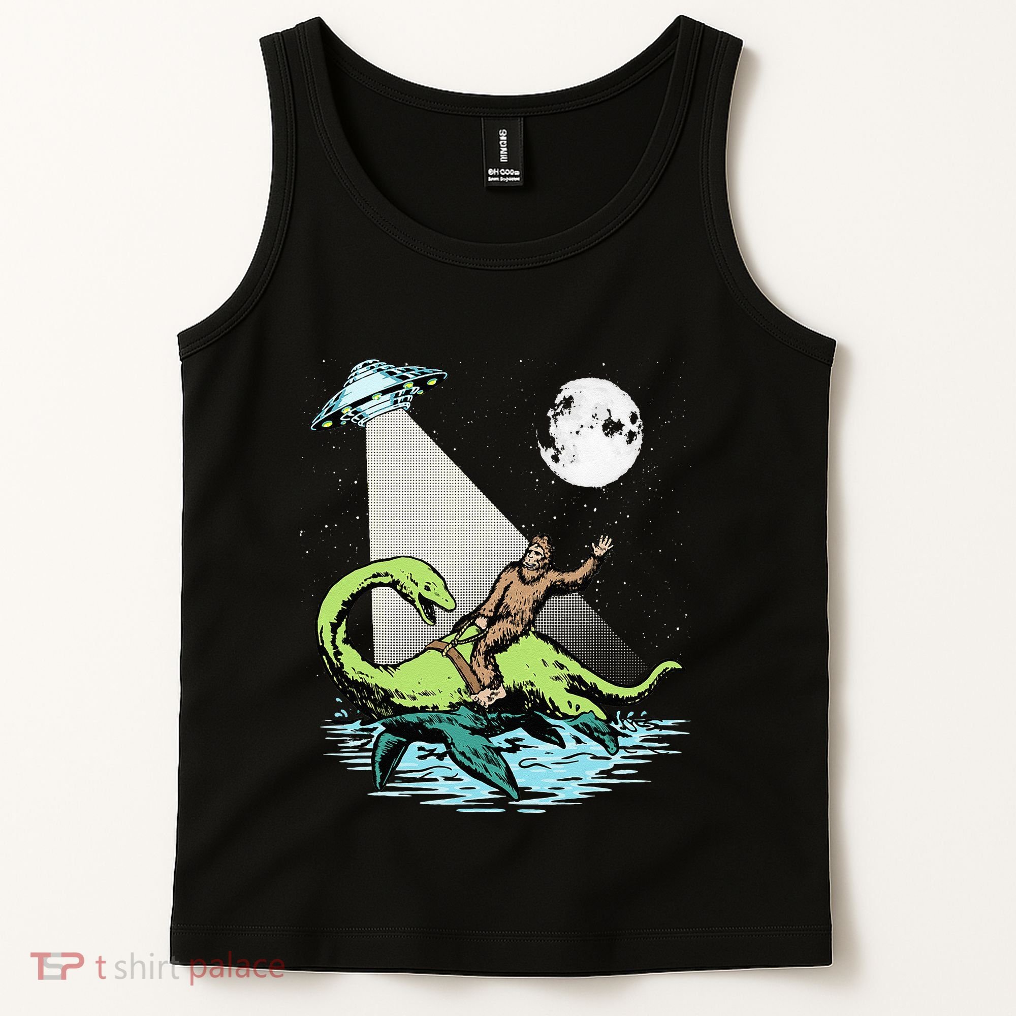 Bigfoot Riding Nessie & UFO Aliens At Night Funny Retro Tank Top