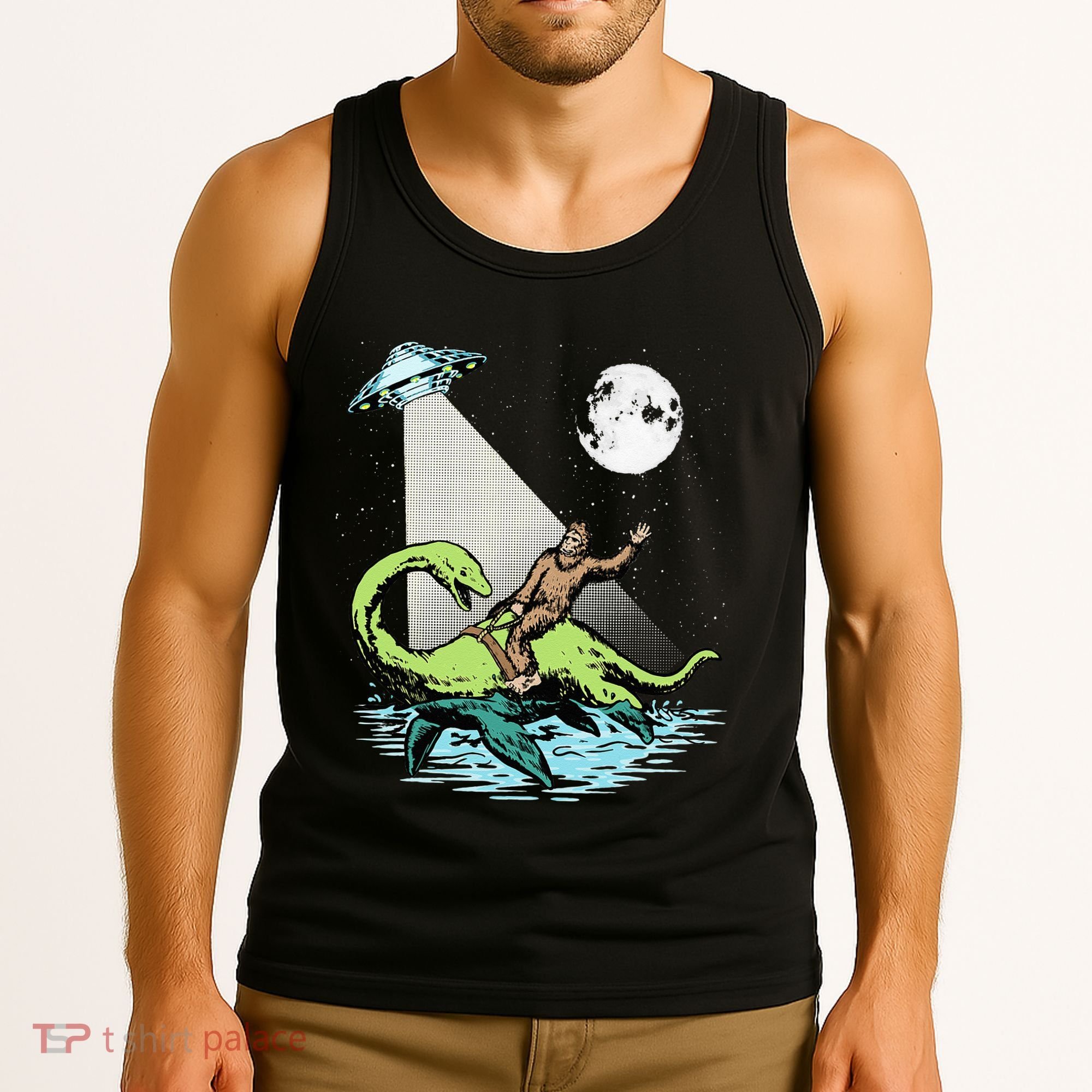 Bigfoot Riding Nessie & UFO Aliens At Night Funny Retro Tank Top