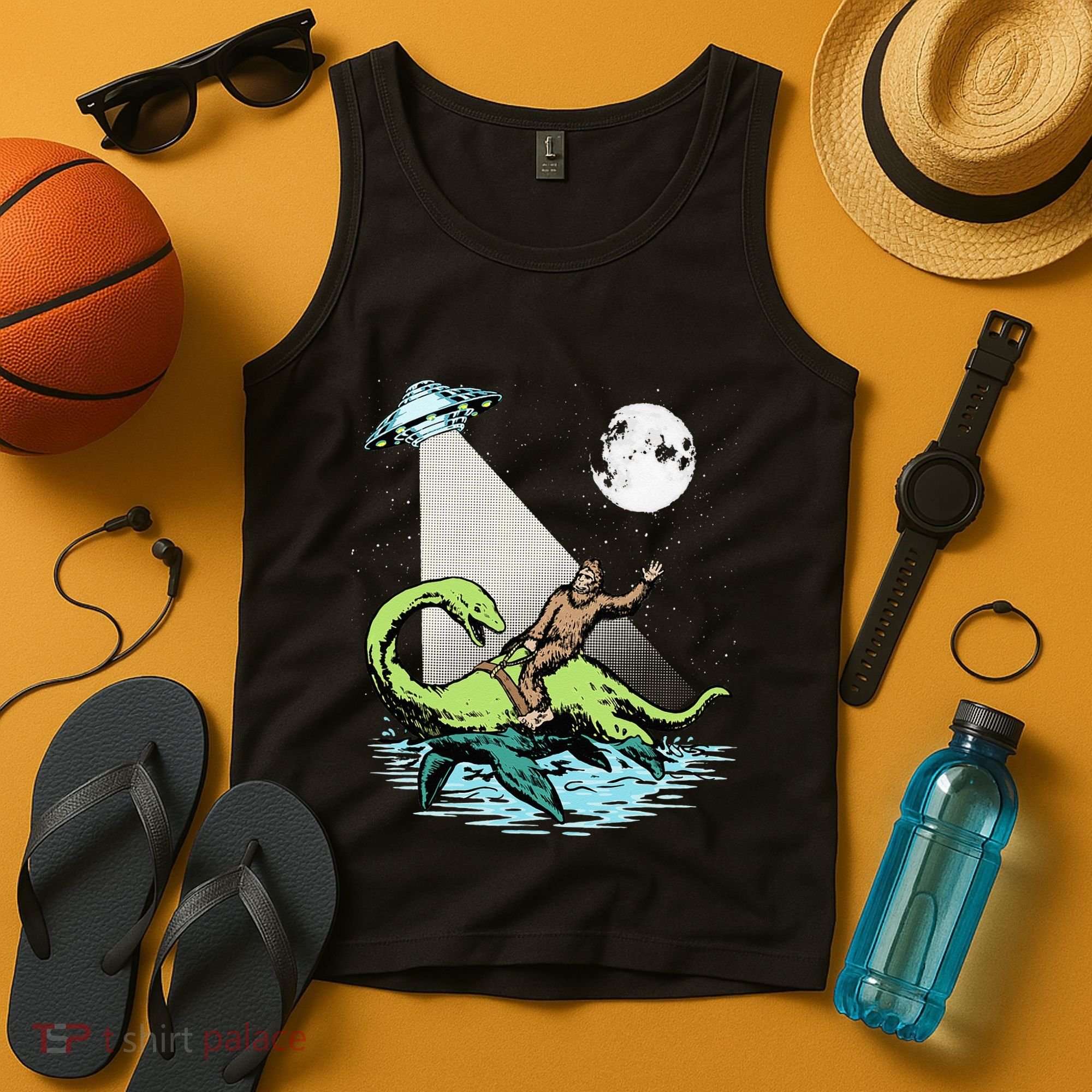 Bigfoot Riding Nessie & UFO Aliens At Night Funny Retro Tank Top