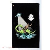 Bigfoot Riding Nessie & UFO Aliens At Night Funny Retro Golf Towel thumb 0
