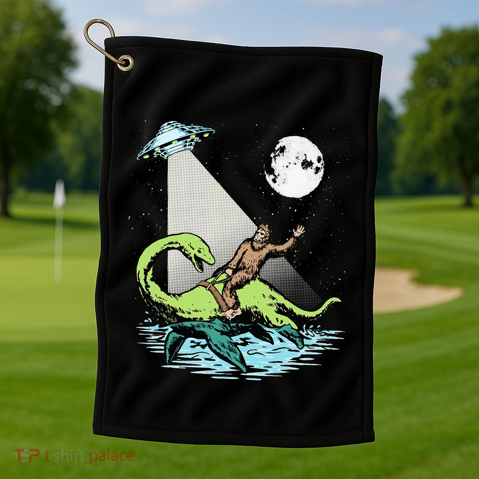 Bigfoot Riding Nessie & UFO Aliens At Night Funny Retro Golf Towel