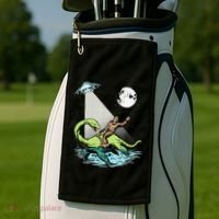 Bigfoot Riding Nessie & UFO Aliens At Night Funny Retro Golf Towel thumb 2