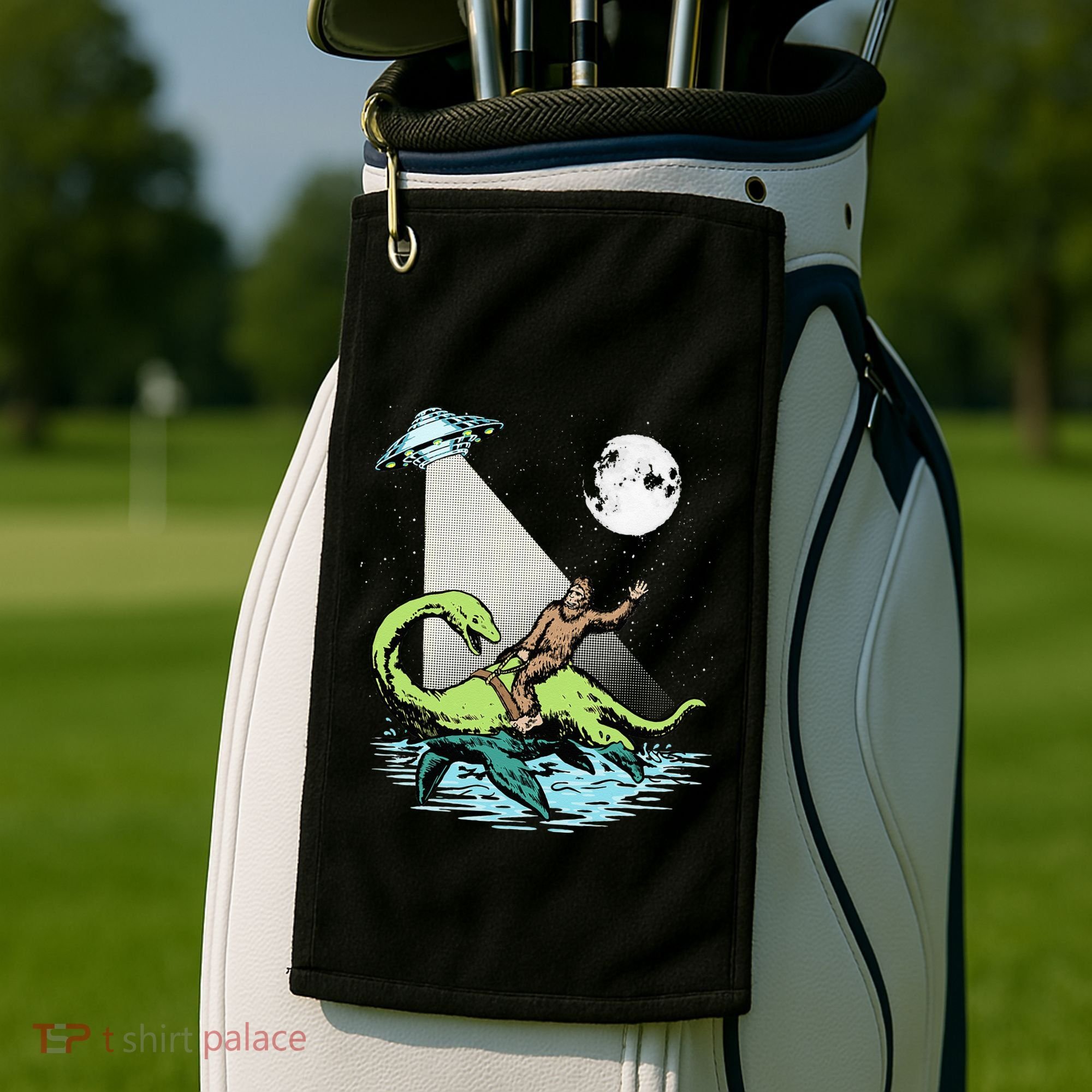 Bigfoot Riding Nessie & UFO Aliens At Night Funny Retro Golf Towel