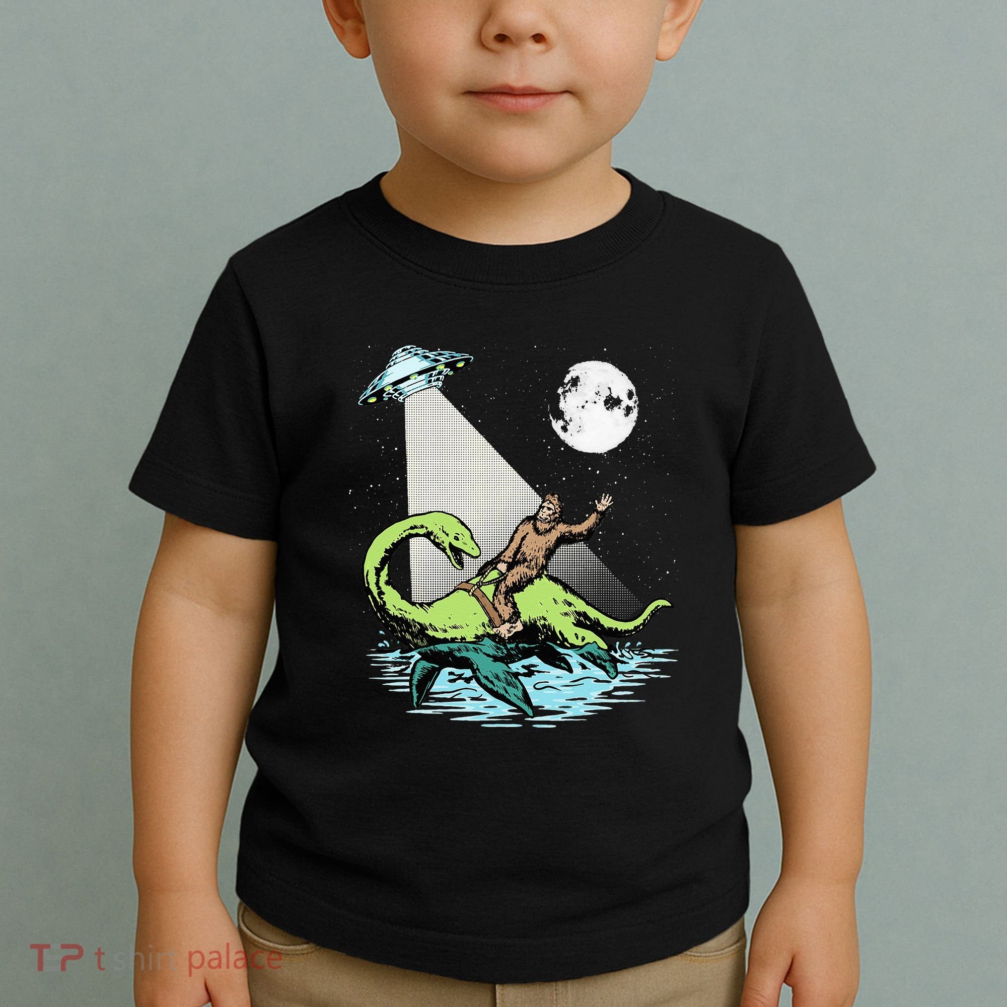 Bigfoot Riding Nessie & UFO Aliens At Night Funny Retro Toddler T-Shirt