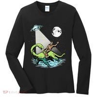 Bigfoot Riding Nessie & UFO Aliens At Night Funny Retro Women's Long Sleeve Shirt thumb 0