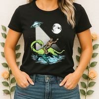 Bigfoot Riding Nessie & UFO Aliens At Night Funny Retro Women's T-Shirt thumb 2