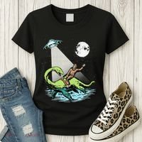 Bigfoot Riding Nessie & UFO Aliens At Night Funny Retro Women's T-Shirt thumb 3