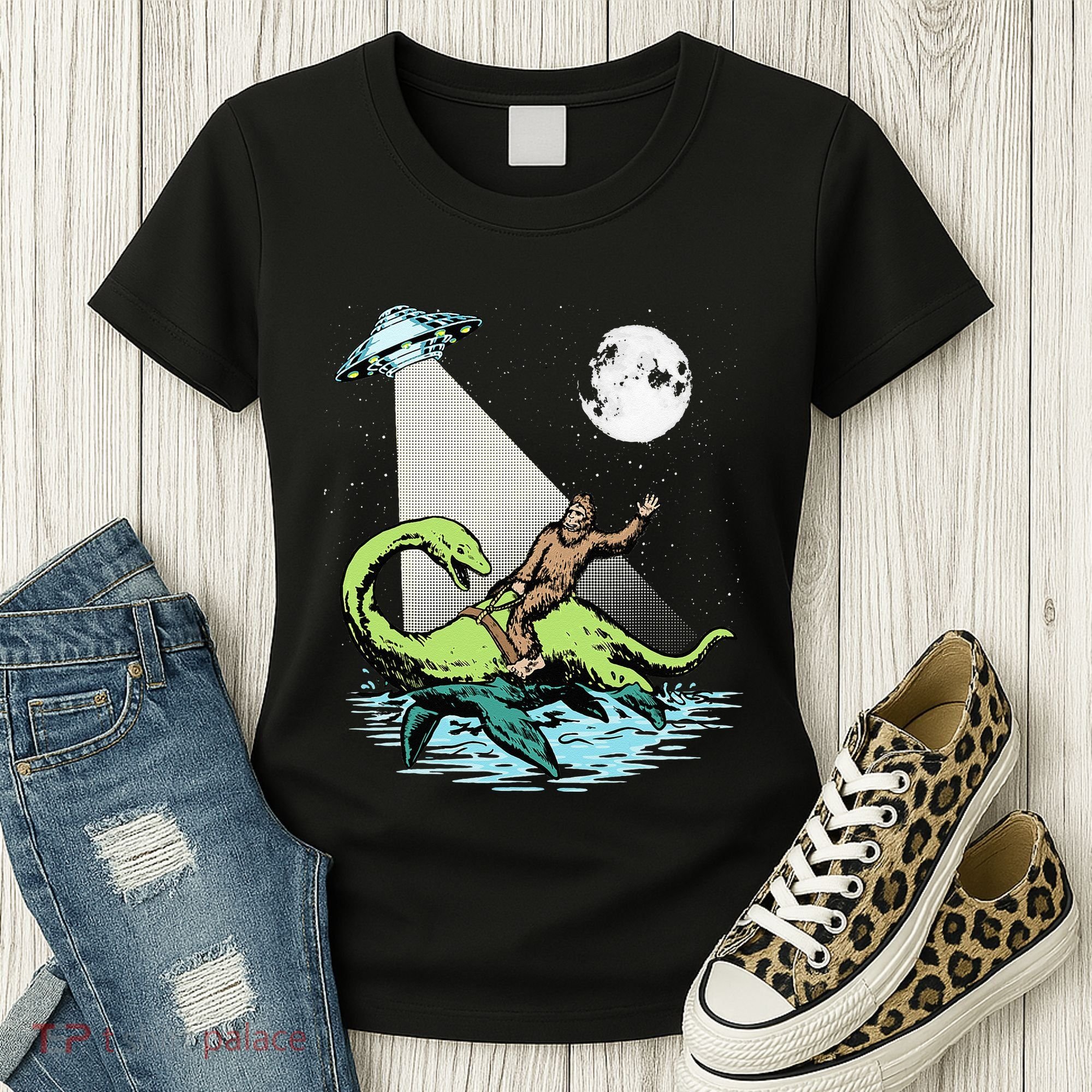 Bigfoot Riding Nessie & UFO Aliens At Night Funny Retro Women's T-Shirt