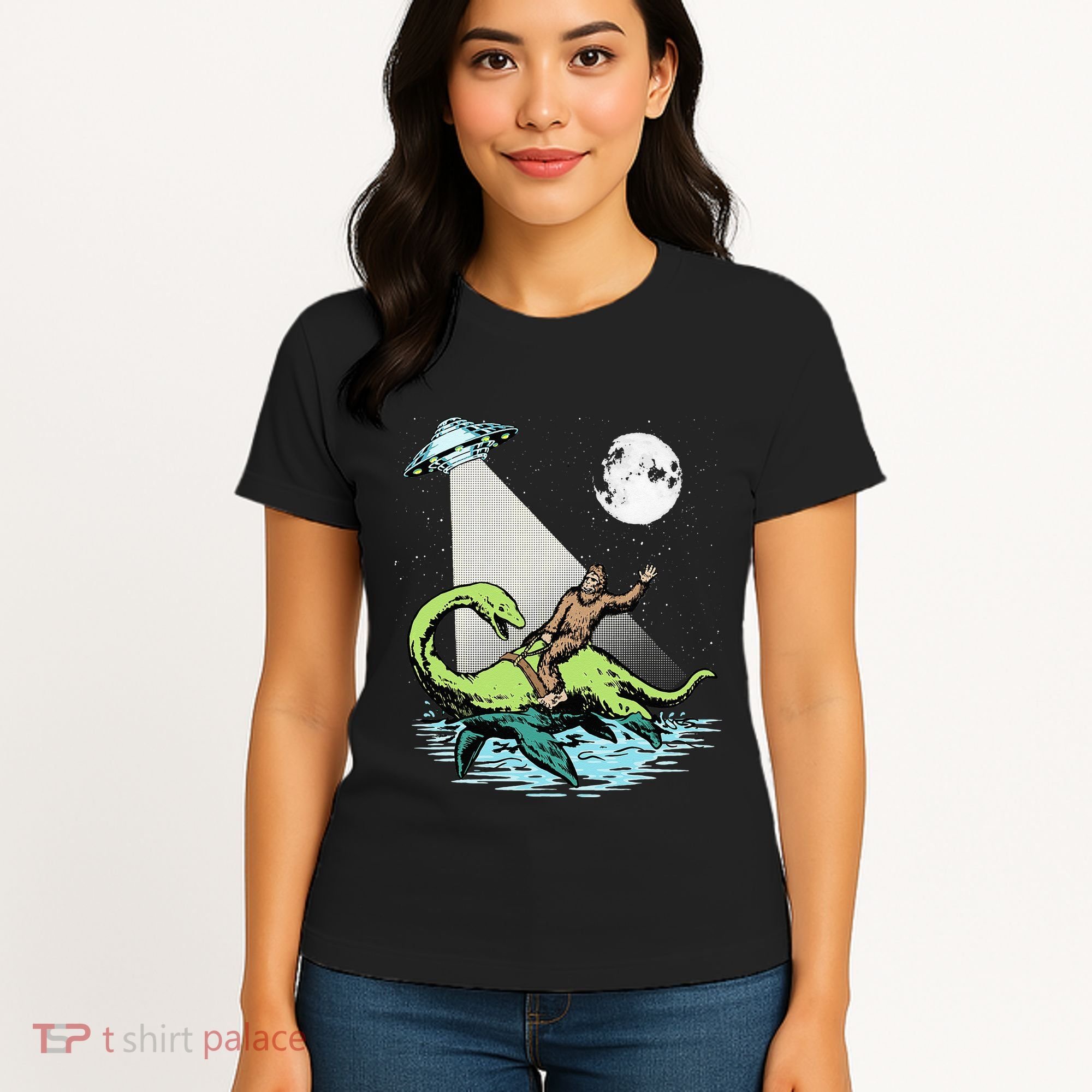 Bigfoot Riding Nessie & UFO Aliens At Night Funny Retro Women's T-Shirt