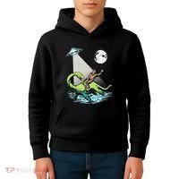 Bigfoot Riding Nessie & UFO Aliens At Night Funny Retro Kids Hoodie thumb 4