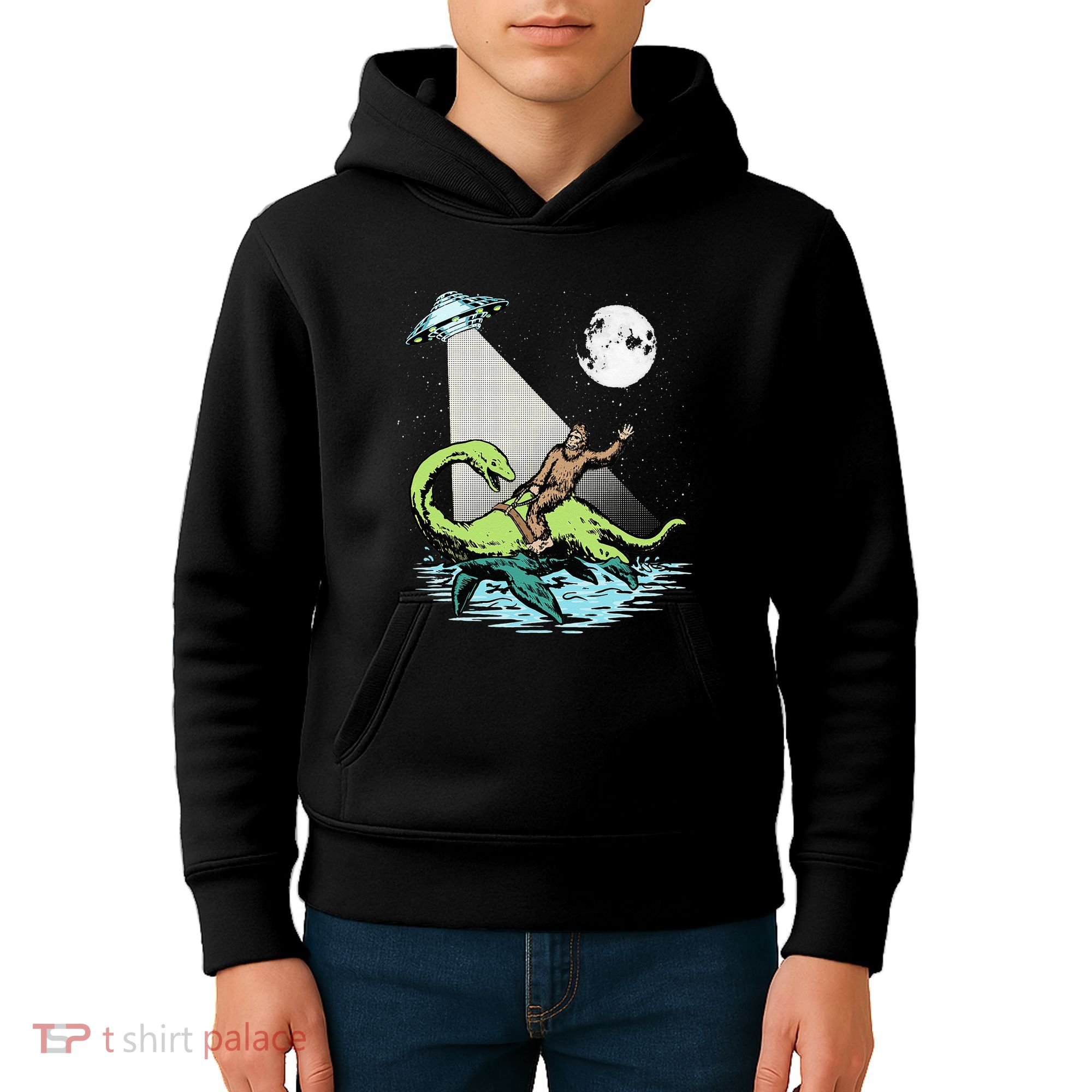 Bigfoot Riding Nessie & UFO Aliens At Night Funny Retro Kids Hoodie