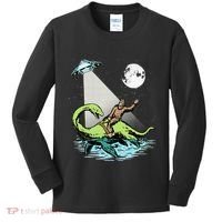 Bigfoot Riding Nessie & UFO Aliens At Night Funny Retro Kids Long Sleeve Shirt thumb 0
