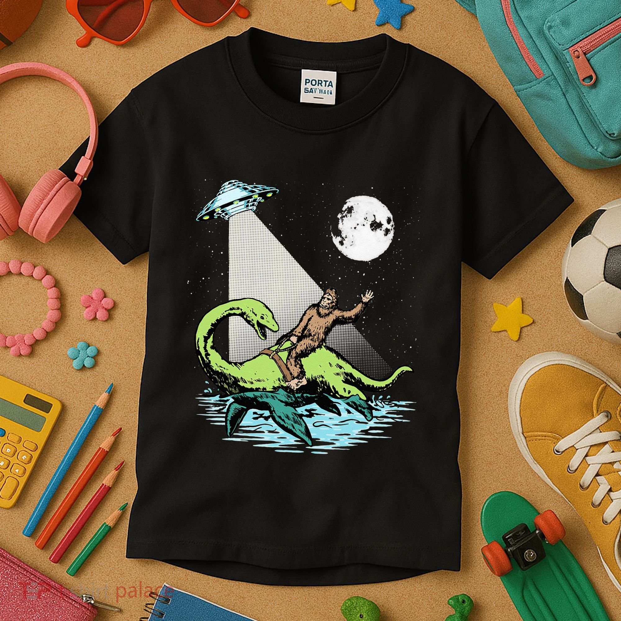 Bigfoot Riding Nessie & UFO Aliens At Night Funny Retro Kids T-Shirt