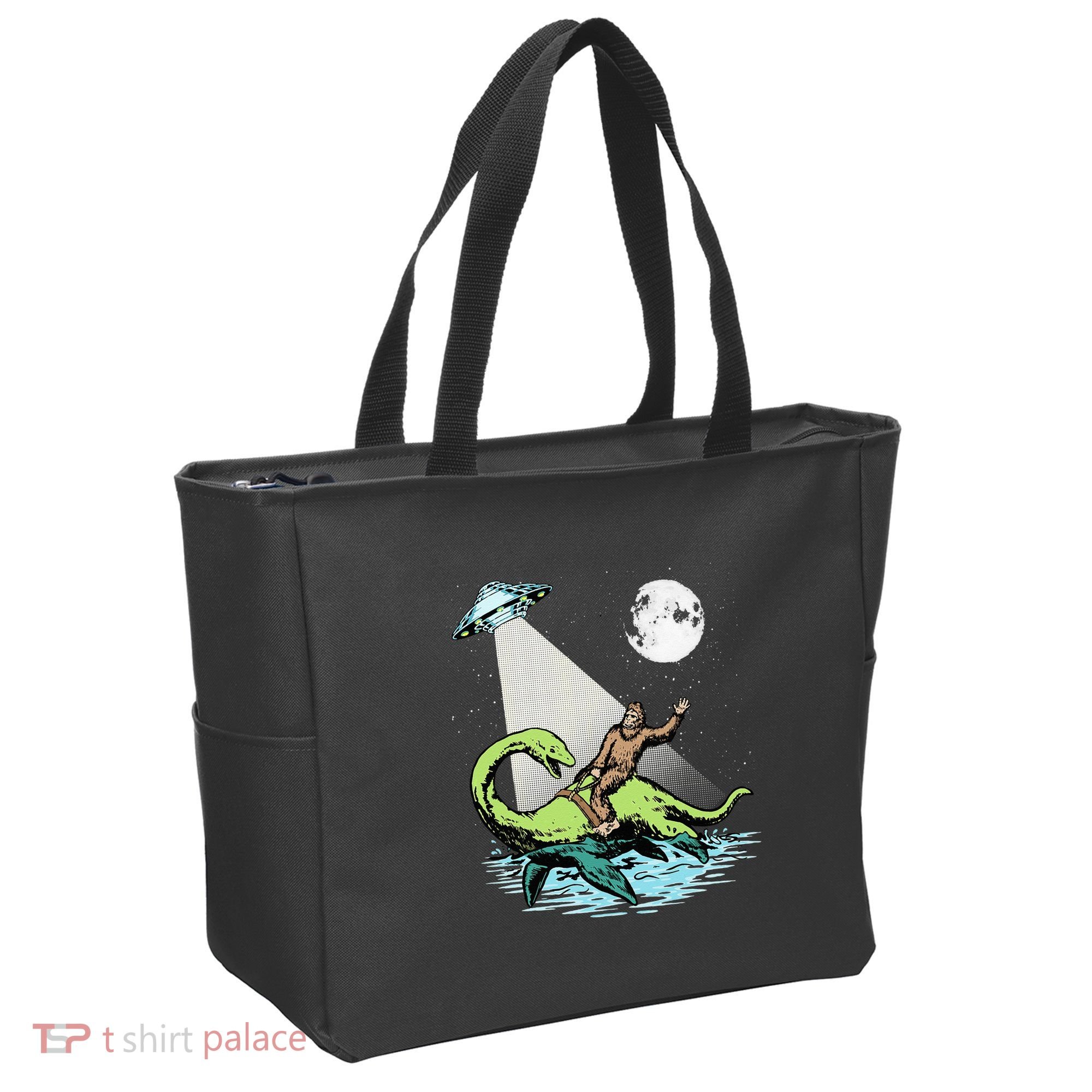 Bigfoot Riding Nessie & UFO Aliens At Night Funny Retro Tote Bag