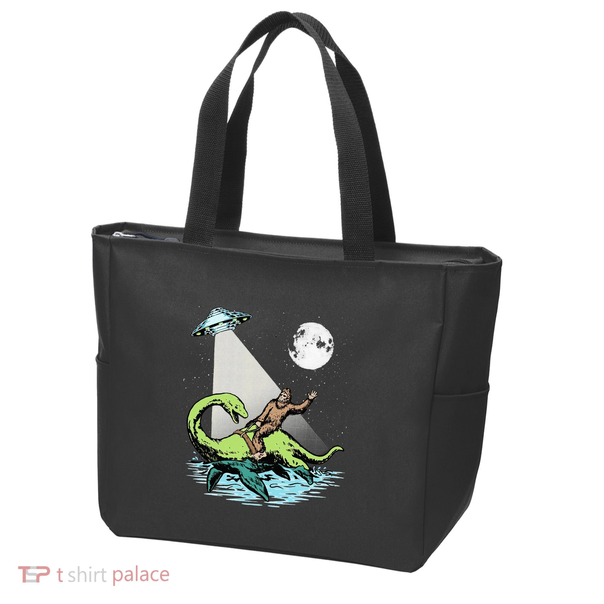 Bigfoot Riding Nessie & UFO Aliens At Night Funny Retro Tote Bag