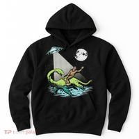 Bigfoot Riding Nessie & Ufo Aliens At Night Funny Retro Hoodie thumb 0