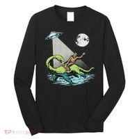 Bigfoot Riding Nessie & Ufo Aliens At Night Funny Retro Long Sleeve Shirt thumb 0