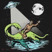 Bigfoot Riding Nessie & Ufo Aliens At Night Funny Retro Long Sleeve Shirt thumb 2